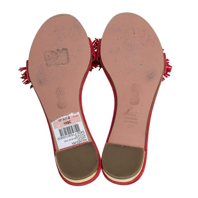 Pre Owned Aquazzura Red Suede  Fringe Wild Thing Flat Sandals Size 39.5