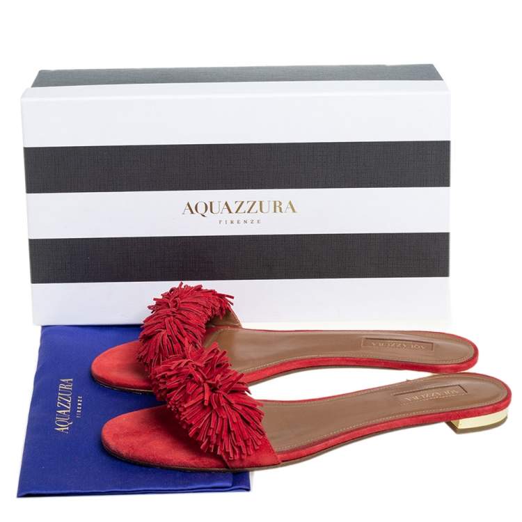 Pre Owned Aquazzura Red Suede  Fringe Wild Thing Flat Sandals Size 39.5