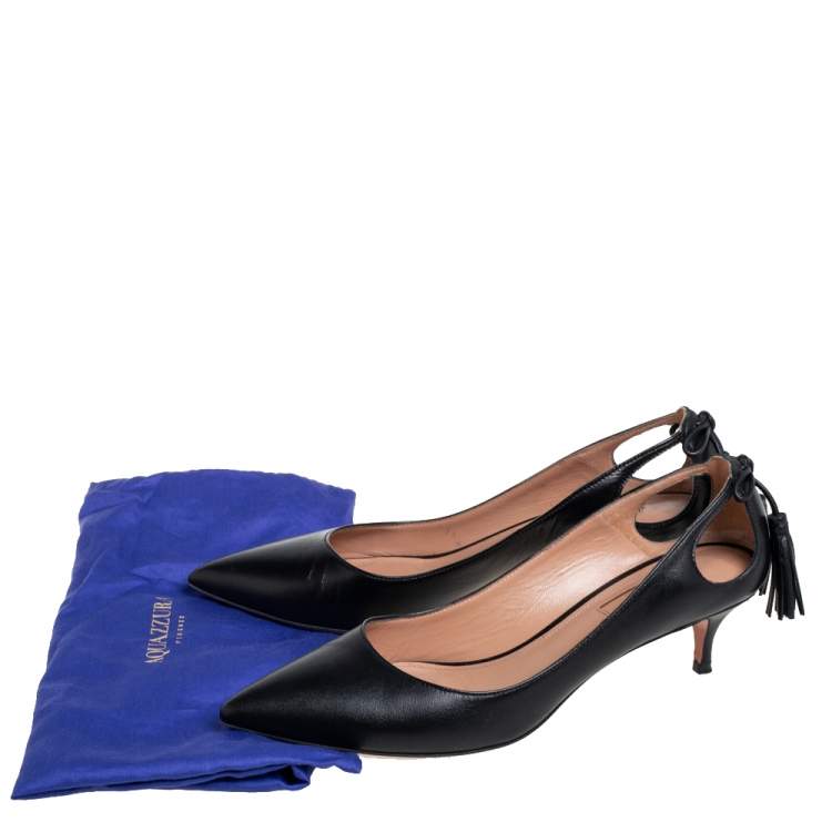 Pre Owned Aquazzura Black Leather Forever Marilyn Fringe Bow Kitten Heel Pumps Size 37.5