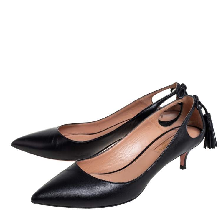Pre Owned Aquazzura Black Leather Forever Marilyn Fringe Bow Kitten Heel Pumps Size 37.5