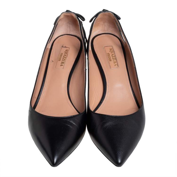 Pre Owned Aquazzura Black Leather Forever Marilyn Fringe Bow Kitten Heel Pumps Size 37.5