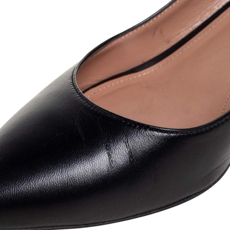 Pre Owned Aquazzura Black Leather Forever Marilyn Fringe Bow Kitten Heel Pumps Size 37.5