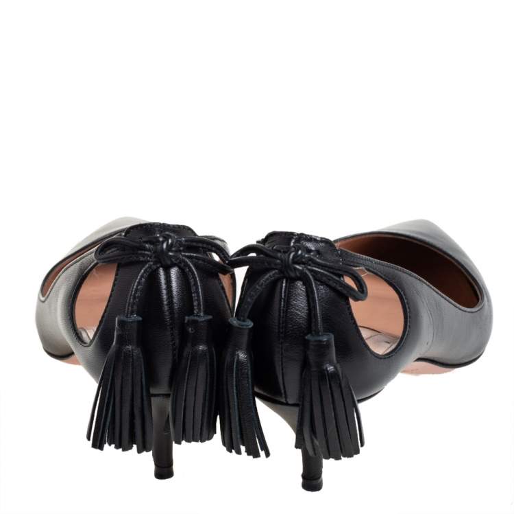 Pre Owned Aquazzura Black Leather Forever Marilyn Fringe Bow Kitten Heel Pumps Size 37.5
