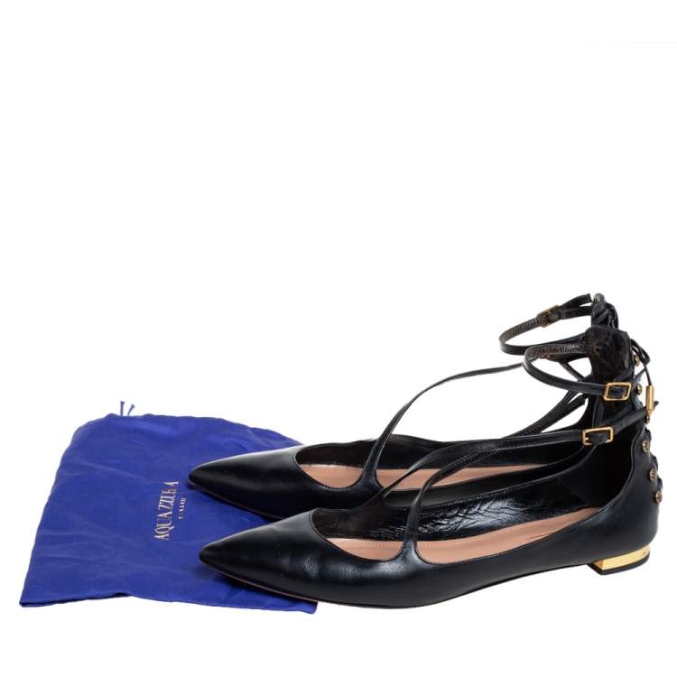 Pre Owned Aquazzura Black Leather Ankle Strap Ballet Flats Size 37.5
