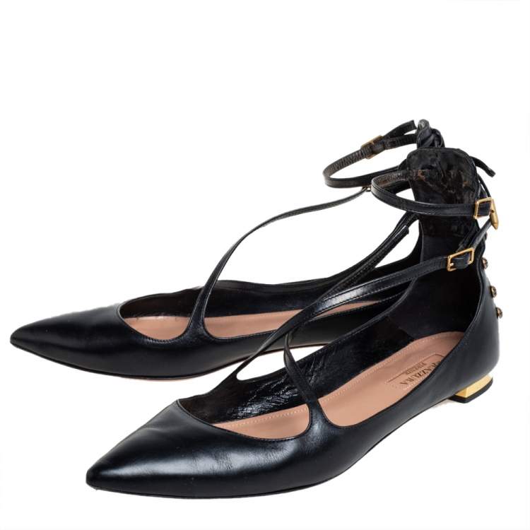Pre Owned Aquazzura Black Leather Ankle Strap Ballet Flats Size 37.5