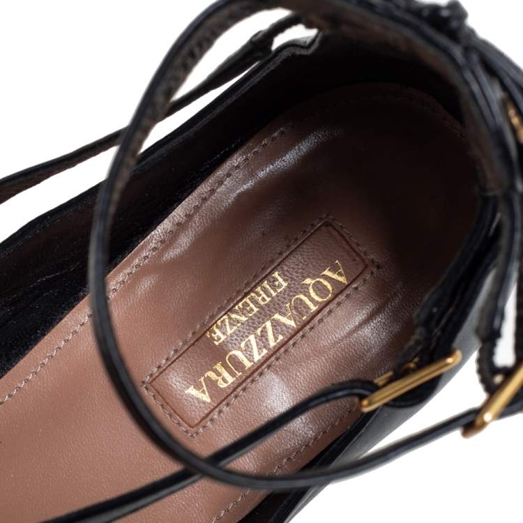 Pre Owned Aquazzura Black Leather Ankle Strap Ballet Flats Size 37.5