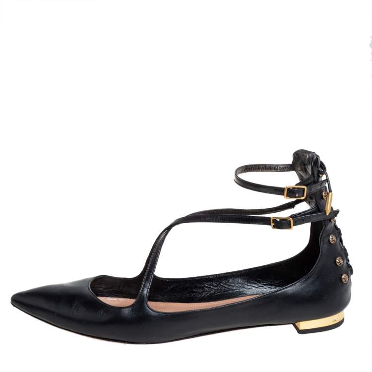 Pre Owned Aquazzura Black Leather Ankle Strap Ballet Flats Size 37.5