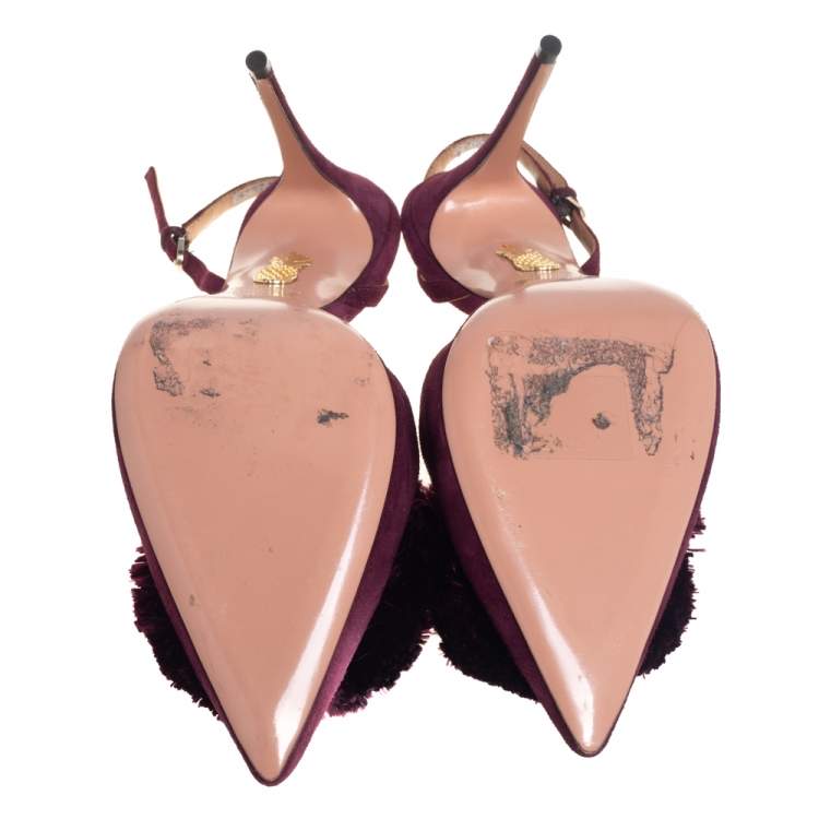 Pre Owned Aquazzura Burgundy Suede Powder Puff Pointed Toe Slingback Sandals Size 40
