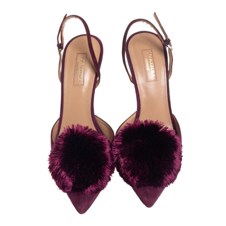 Pre Owned Aquazzura Burgundy Suede Powder Puff Pointed Toe Slingback Sandals Size 40