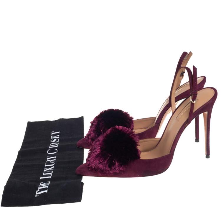 Pre Owned Aquazzura Burgundy Suede Powder Puff Pointed Toe Slingback Sandals Size 40
