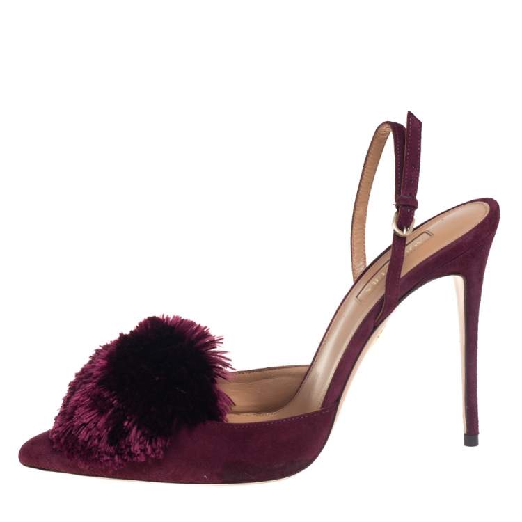 Pre Owned Aquazzura Burgundy Suede Powder Puff Pointed Toe Slingback Sandals Size 40