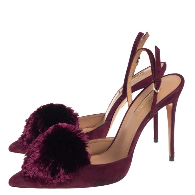 Pre Owned Aquazzura Burgundy Suede Powder Puff Pointed Toe Slingback Sandals Size 40
