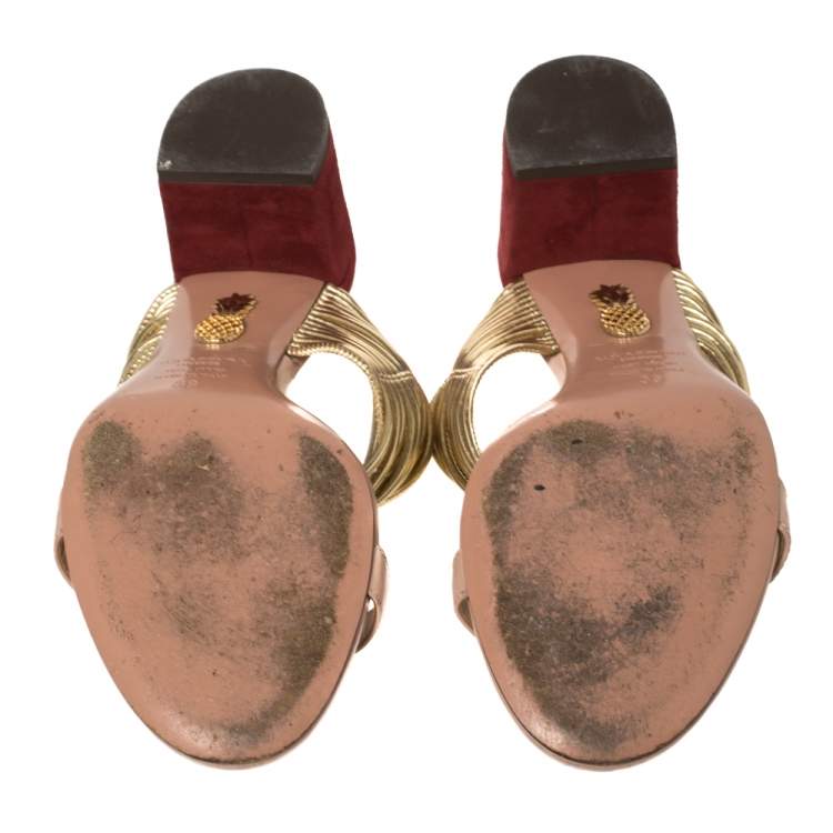Pre Owned Aquazzura Tricolor Leather and Suede Rendez Vous Block Heel Slide Sandals Size 39