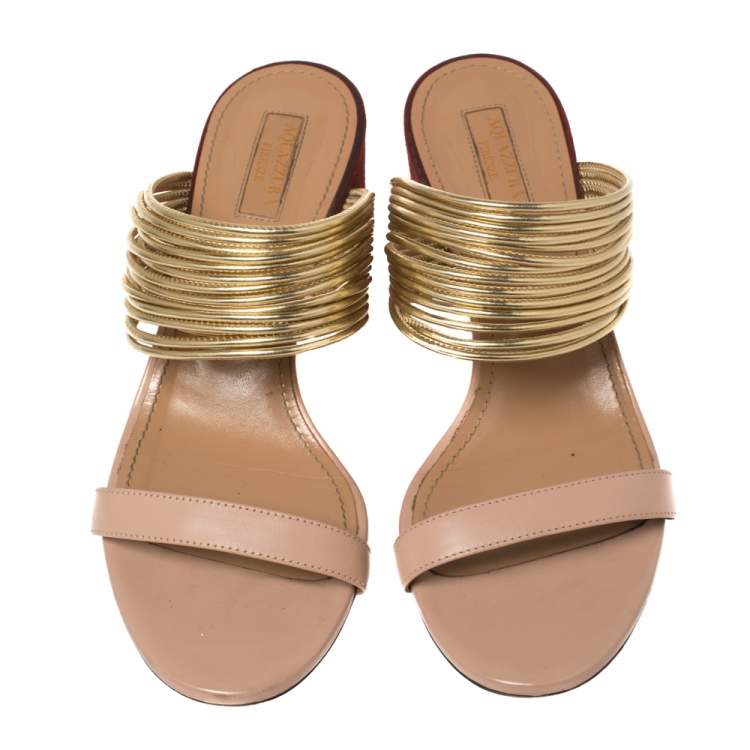 Pre Owned Aquazzura Tricolor Leather and Suede Rendez Vous Block Heel Slide Sandals Size 39