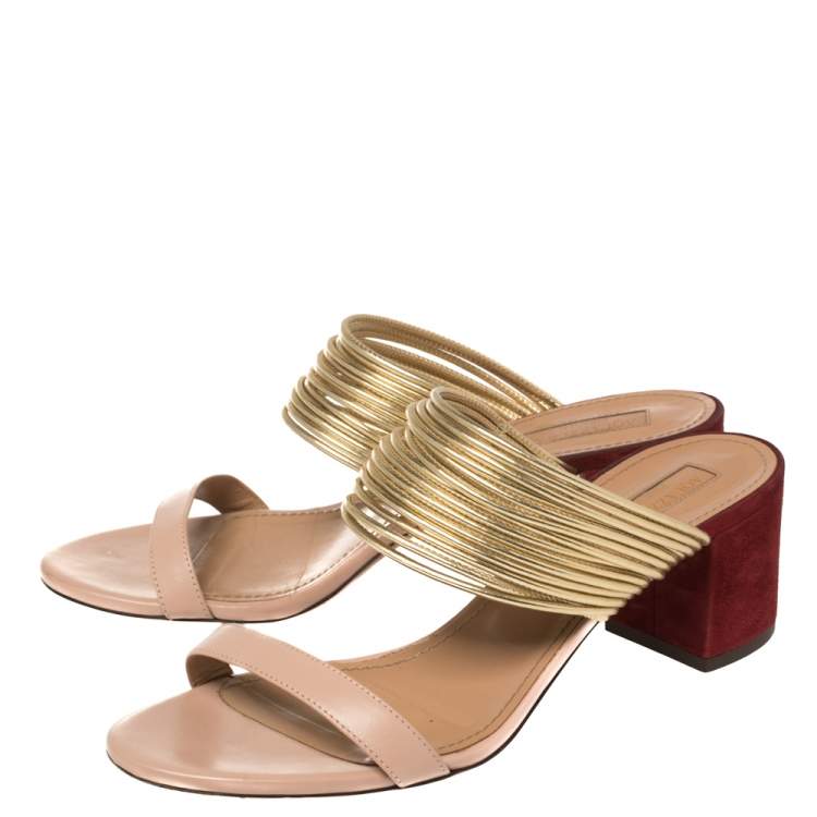 Pre Owned Aquazzura Tricolor Leather and Suede Rendez Vous Block Heel Slide Sandals Size 39