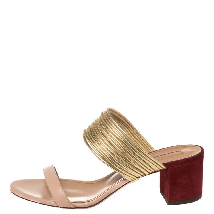Pre Owned Aquazzura Tricolor Leather and Suede Rendez Vous Block Heel Slide Sandals Size 39