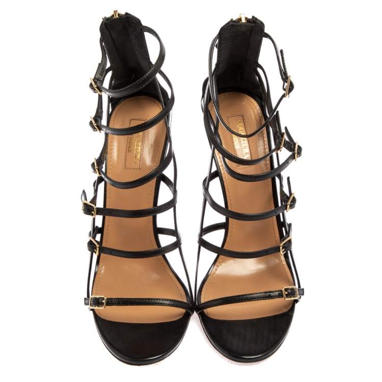 Pre Owned Aquazzura Black Leather Super Model Black Cage Sandals Size 40