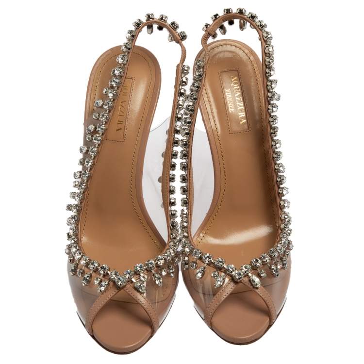 Pre Owned Aquazzura Beige Leather And PVC Temptation Crystal Slingback Sandals Size 37