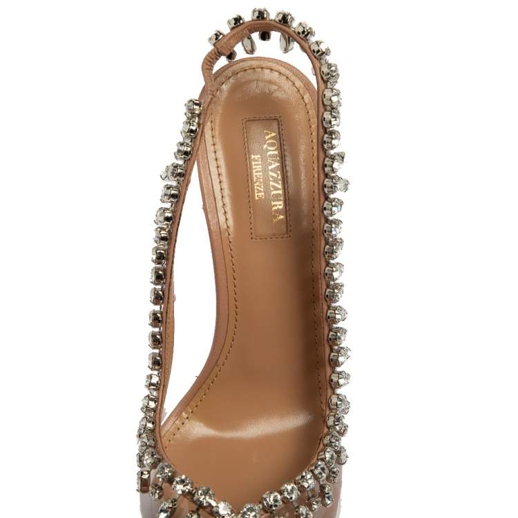 Pre Owned Aquazzura Beige Leather And PVC Temptation Crystal Slingback Sandals Size 37