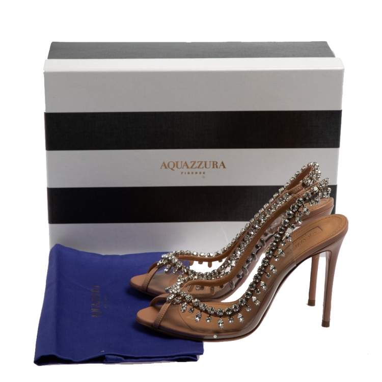 Pre Owned Aquazzura Beige Leather And PVC Temptation Crystal Slingback Sandals Size 37
