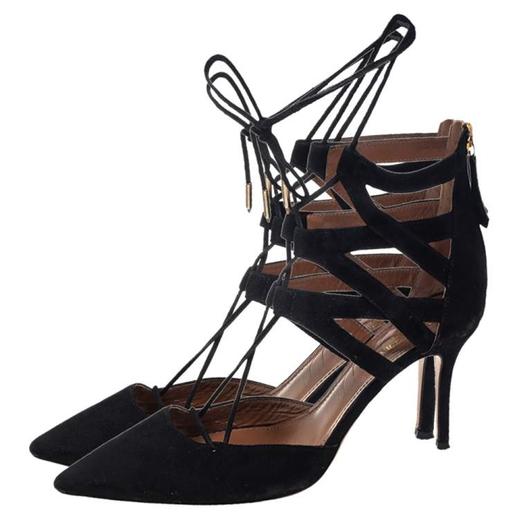 Pre Owned Aquazzura Black  Black Suede Belgravia Lace Up Pointed Toe Pumps Size 37.5