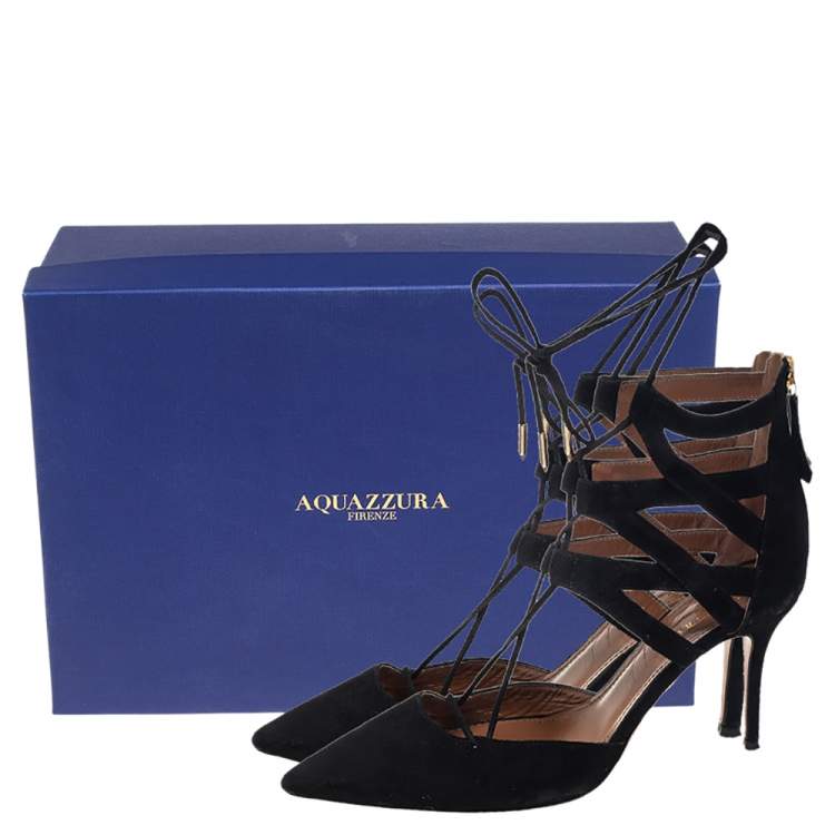 Pre Owned Aquazzura Black  Black Suede Belgravia Lace Up Pointed Toe Pumps Size 37.5