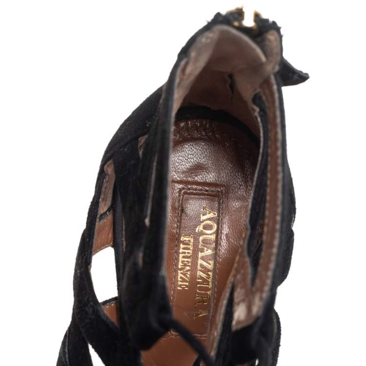 Pre Owned Aquazzura Black  Black Suede Belgravia Lace Up Pointed Toe Pumps Size 37.5