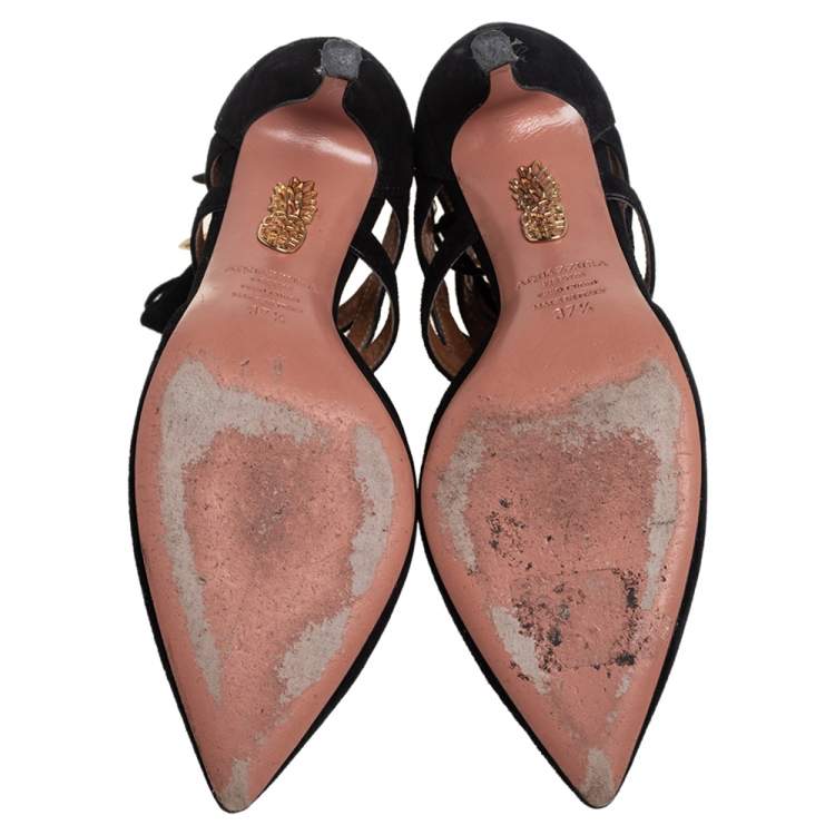 Pre Owned Aquazzura Black  Black Suede Belgravia Lace Up Pointed Toe Pumps Size 37.5