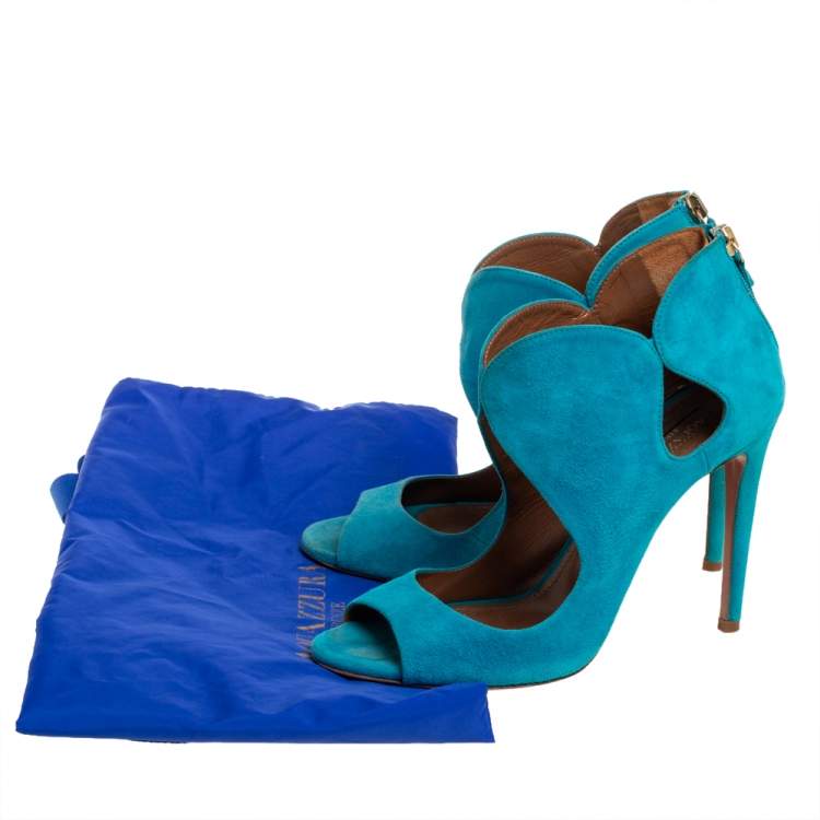 Pre Owned Aquazzura Blue Suede Cut Out Elle Peep Toe Sandals Size 36
