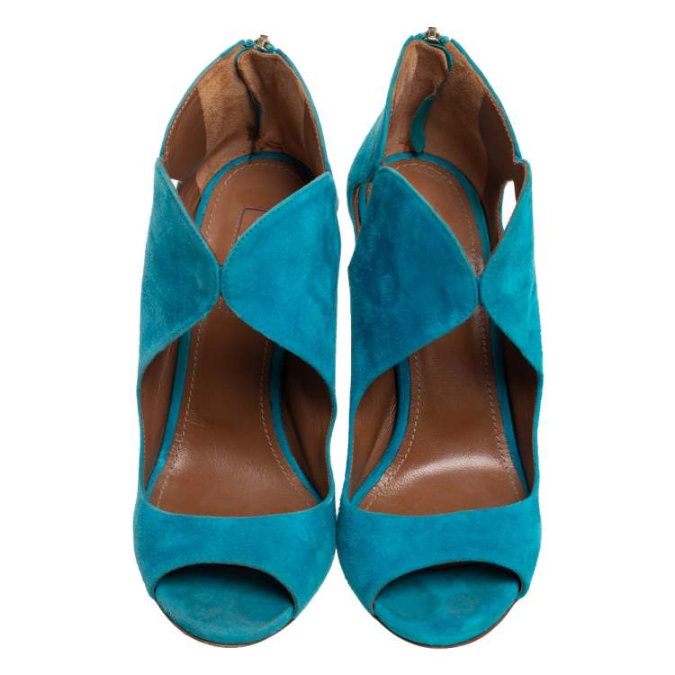 Pre Owned Aquazzura Blue Suede Cut Out Elle Peep Toe Sandals Size 36