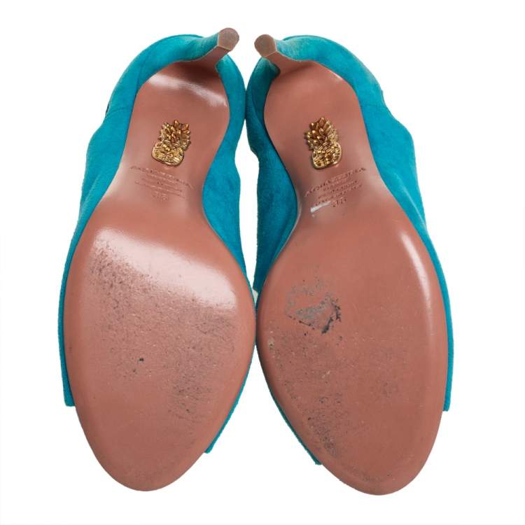 Pre Owned Aquazzura Blue Suede Cut Out Elle Peep Toe Sandals Size 36