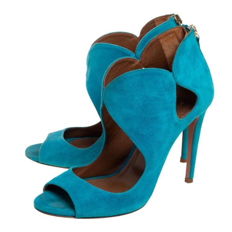 Pre Owned Aquazzura Blue Suede Cut Out Elle Peep Toe Sandals Size 36