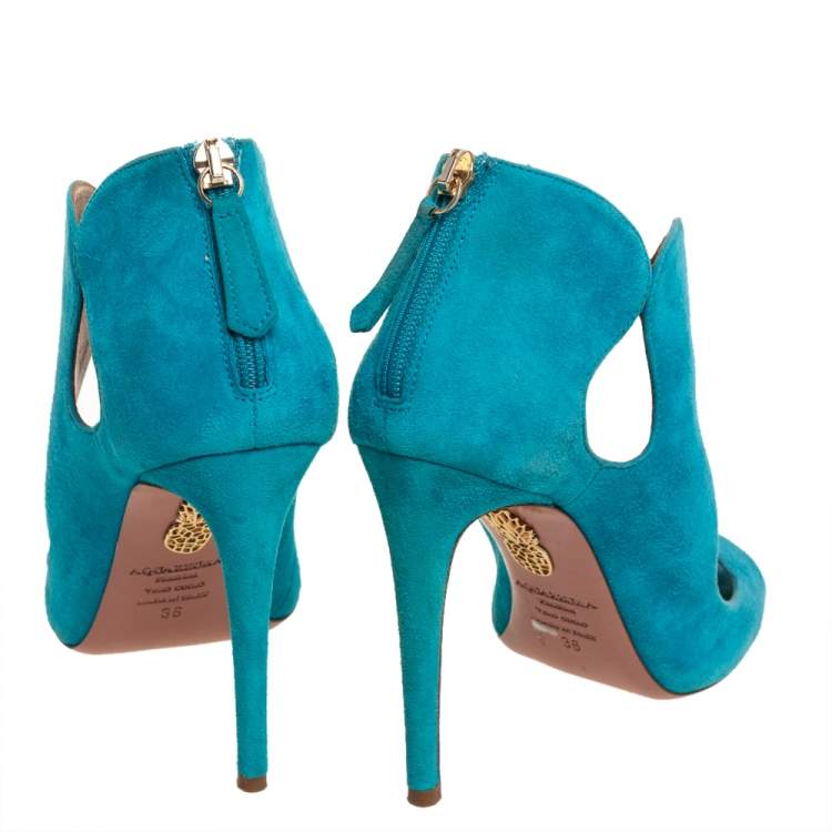 Pre Owned Aquazzura Blue Suede Cut Out Elle Peep Toe Sandals Size 36