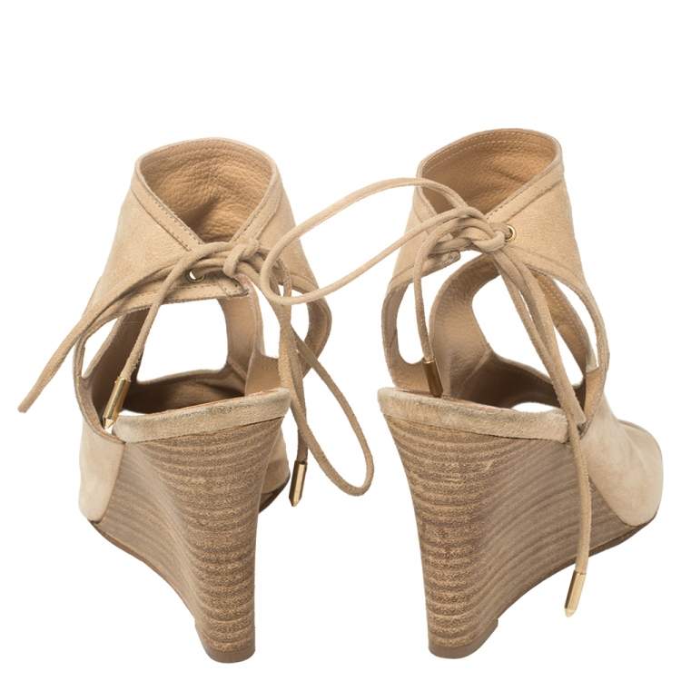 Pre Owned Aquazzura Beige Suede Cutout Sexy Thing Ankle Wrap Sandals Size 37