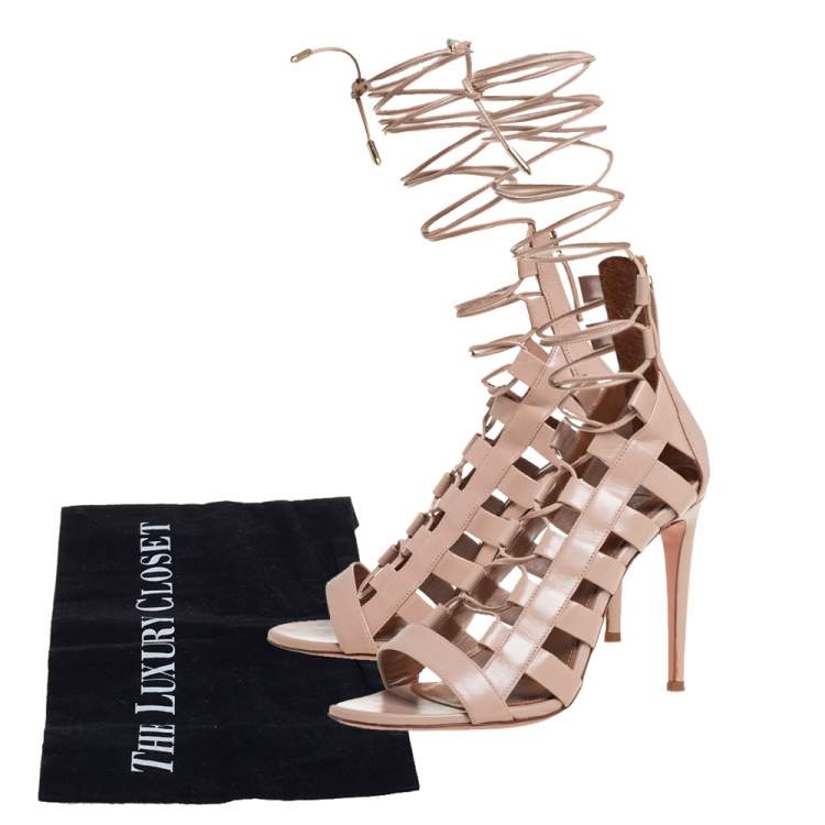 Pre Owned Aquazzura Beige Leather Amazon Lace Up Open Toe Sandals Size 37.5