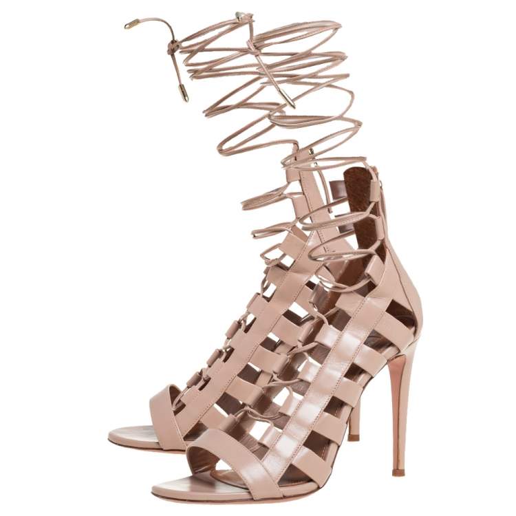 Pre Owned Aquazzura Beige Leather Amazon Lace Up Open Toe Sandals Size 37.5