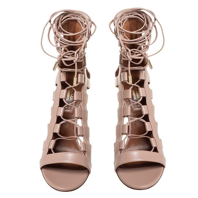 Pre Owned Aquazzura Beige Leather Amazon Lace Up Open Toe Sandals Size 37.5
