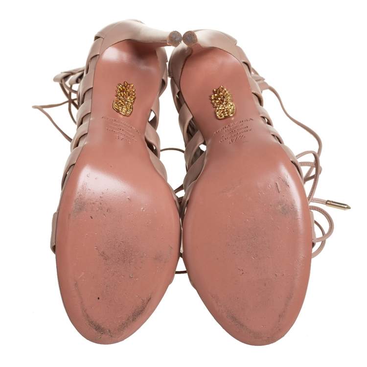 Pre Owned Aquazzura Beige Leather Amazon Lace Up Open Toe Sandals Size 37.5