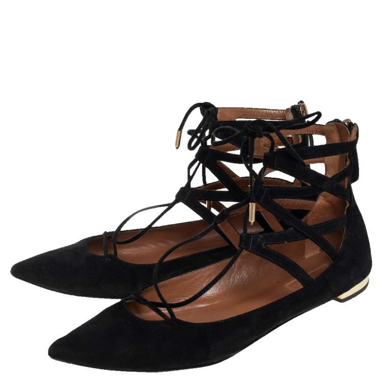 Pre Owned Aquazzura Black Suede Lace Up Flats Size 38