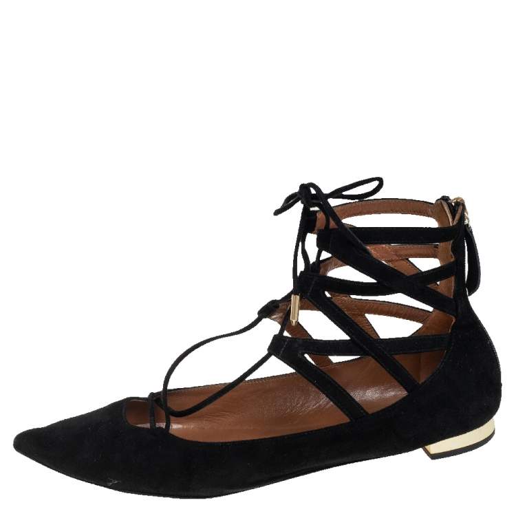 Pre Owned Aquazzura Black Suede Lace Up Flats Size 38