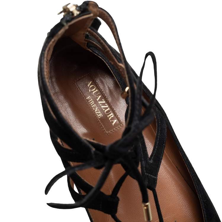 Pre Owned Aquazzura Black Suede Lace Up Flats Size 38