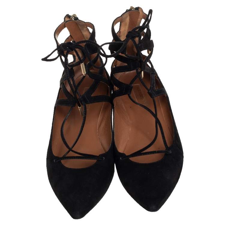 Pre Owned Aquazzura Black Suede Lace Up Flats Size 38