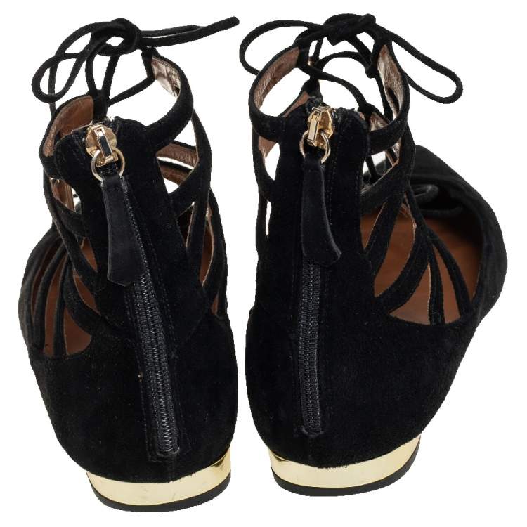 Pre Owned Aquazzura Black Suede Lace Up Flats Size 38