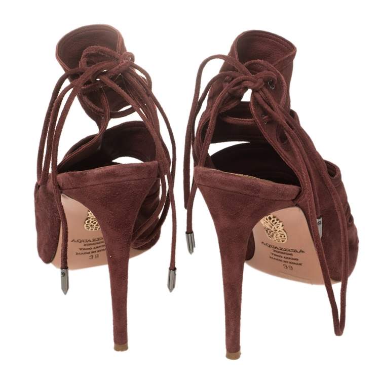 Pre Owned Aquazzura Maroon Suede Sloane Cutout Peep Toe Sandals Size 39