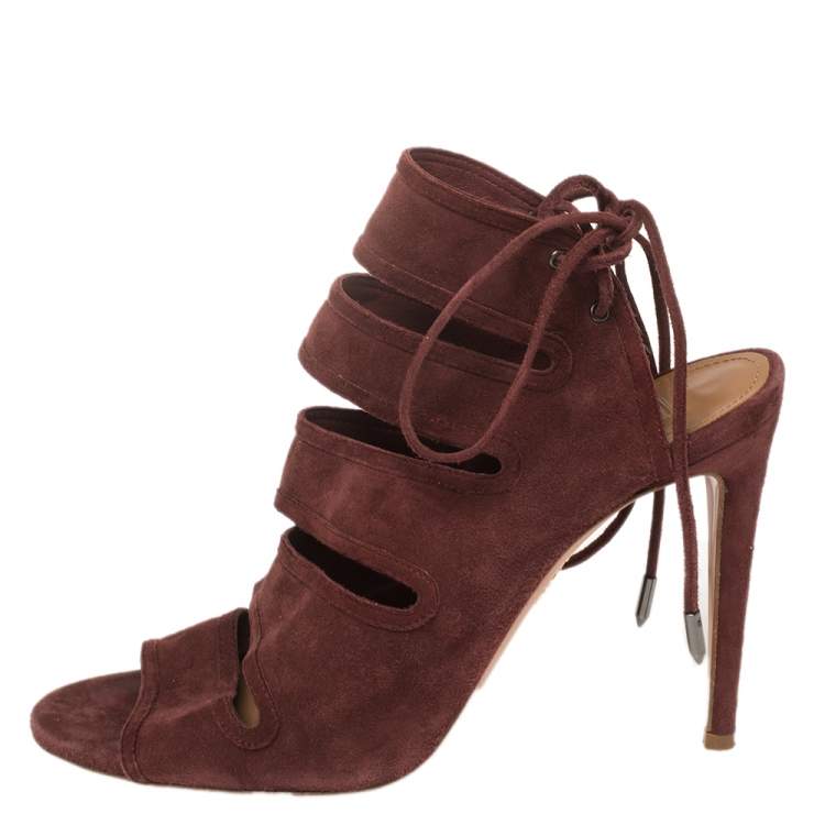Pre Owned Aquazzura Maroon Suede Sloane Cutout Peep Toe Sandals Size 39