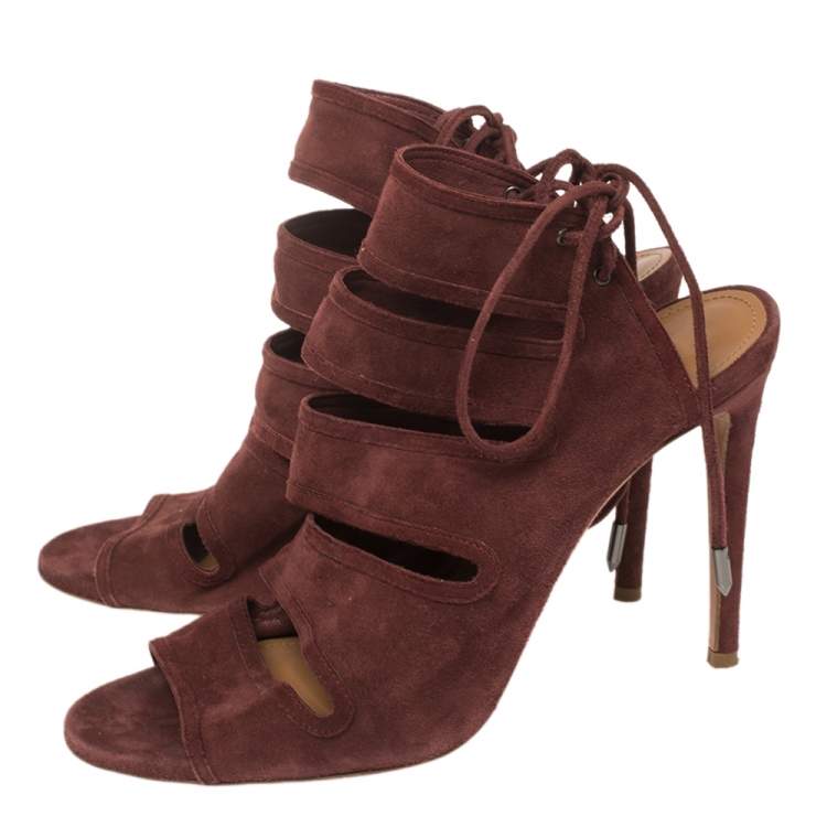 Pre Owned Aquazzura Maroon Suede Sloane Cutout Peep Toe Sandals Size 39