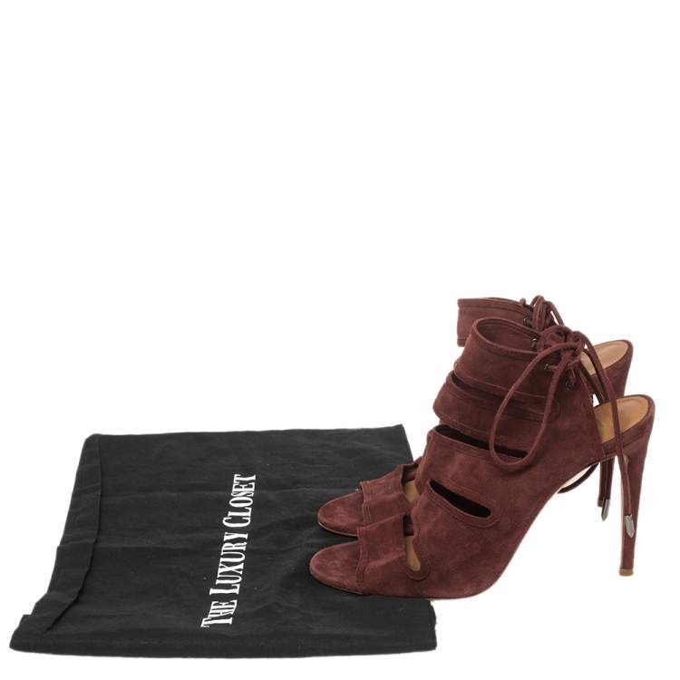 Pre Owned Aquazzura Maroon Suede Sloane Cutout Peep Toe Sandals Size 39