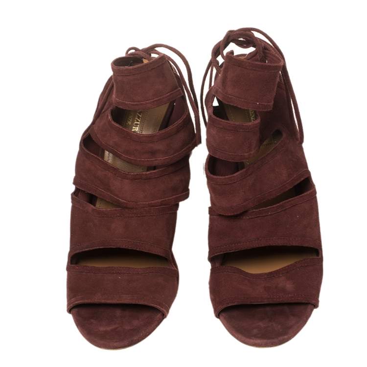 Pre Owned Aquazzura Maroon Suede Sloane Cutout Peep Toe Sandals Size 39
