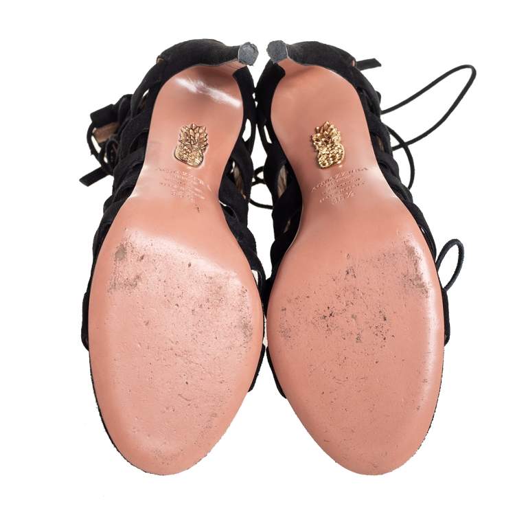 Pre Owned Aquazzura Black Suede Amazon Lace Up Open Toe Sandals Size 36.5