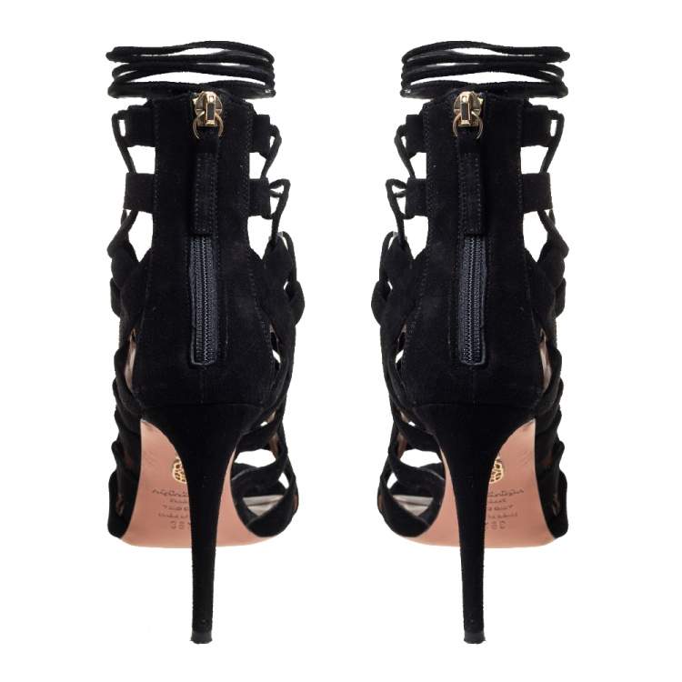 Pre Owned Aquazzura Black Suede Amazon Lace Up Open Toe Sandals Size 36.5